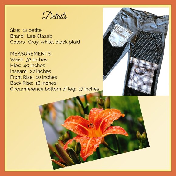 Grunge Hippie Pants, 12 Petite: Upcycled Gray Tattered Patchwork Grunge Jeans - Picture 4 of 8